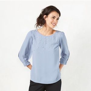 LC Lauren Conrad Pearl and Flower Embellished Blouse with Bow Detail Sleeves